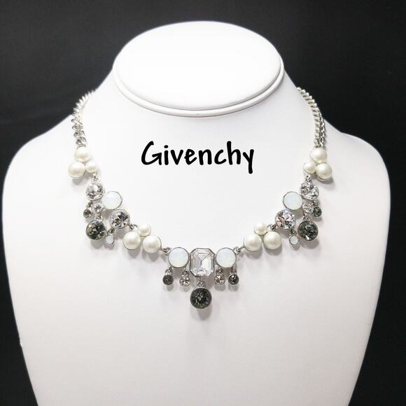 Vintage Givenchy Faux Pearl Rhinestone Necklace, Rhodium Plated, 1990s Jewelry - Picture 1 of 10